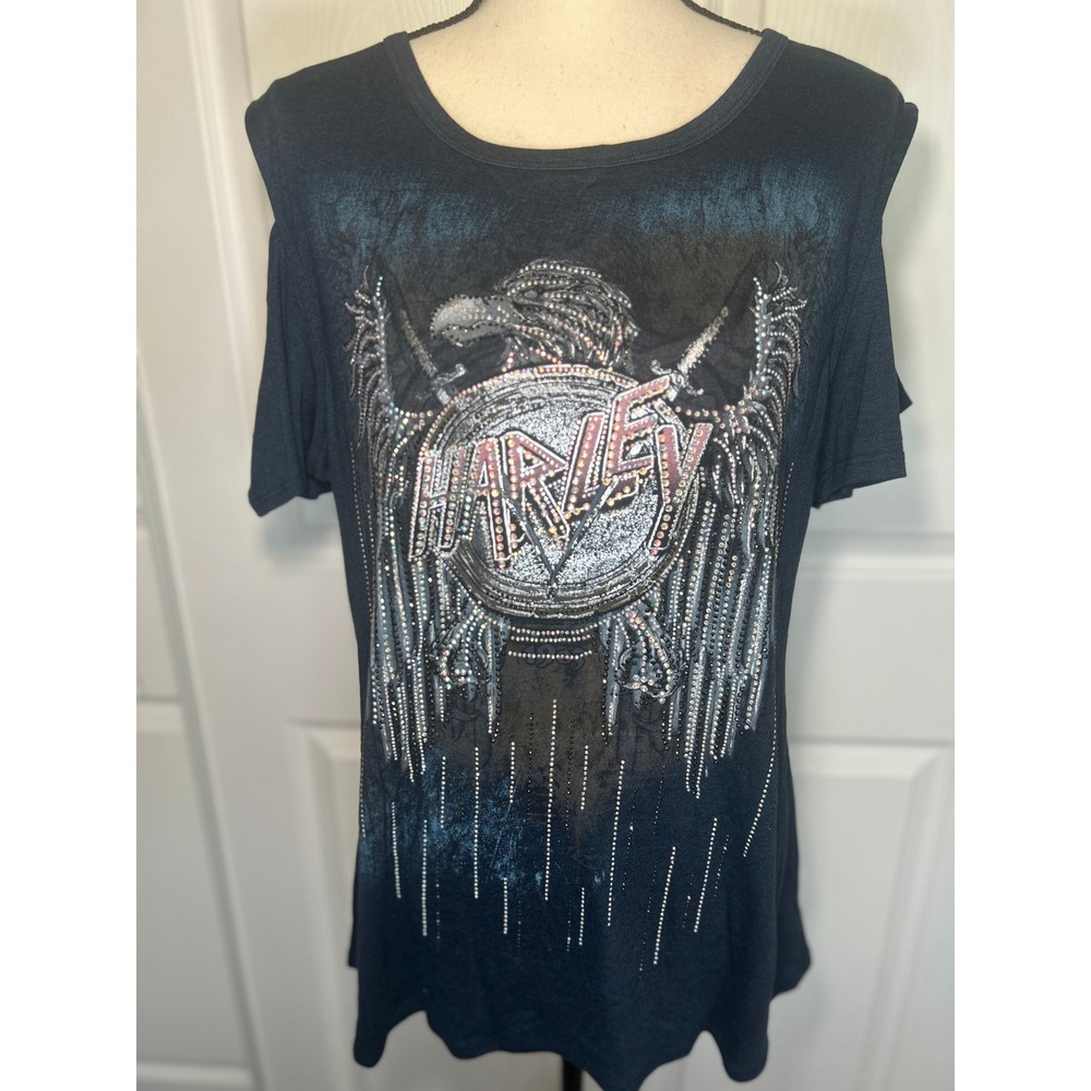 Harley-Davidson T-Shirt Cold Shoulder 1X Blue Rhinestone Eagle‎ Graphic Studs